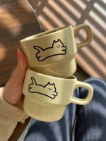 귀여운 고양이 개 커플 Ins 스타일 세라믹 머그잔 선물 고온 커피 워터 컵 만화 패턴 Staable 머그잔 - 이미지 5