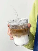 1/2PCS 450ml 스트라이프 유리 컵 투명 안경 뚜껑과 밀짚 아이스 커피 머그잔 티 컵 주스 유리 우유 워터 컵 Drinkware - 이미지 6