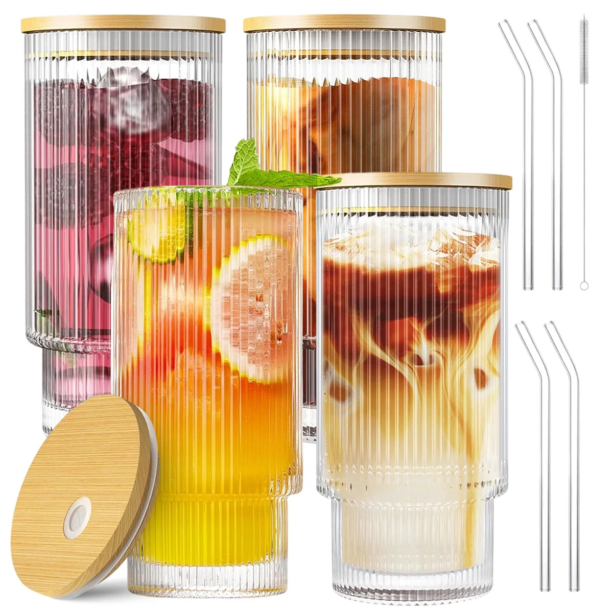 뚜껑과 빨대 세트가 포함된 리브드 유리 컵 4팩, 위스키 칵테일 맥주용 12OZ 빈티지 유리 제품, 뚜껑이 있는 아이스 커피 컵