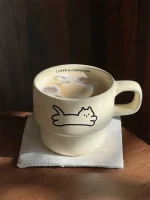 귀여운 고양이 개 커플 Ins 스타일 세라믹 머그잔 선물 고온 커피 워터 컵 만화 패턴 Staable 머그잔 - 이미지 3