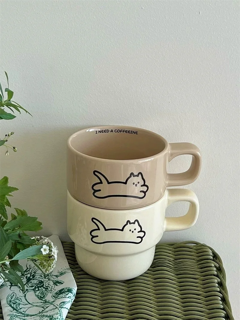 귀여운 고양이 개 커플 Ins 스타일 세라믹 머그잔 선물 고온 커피 워터 컵 만화 패턴 Staable 머그잔