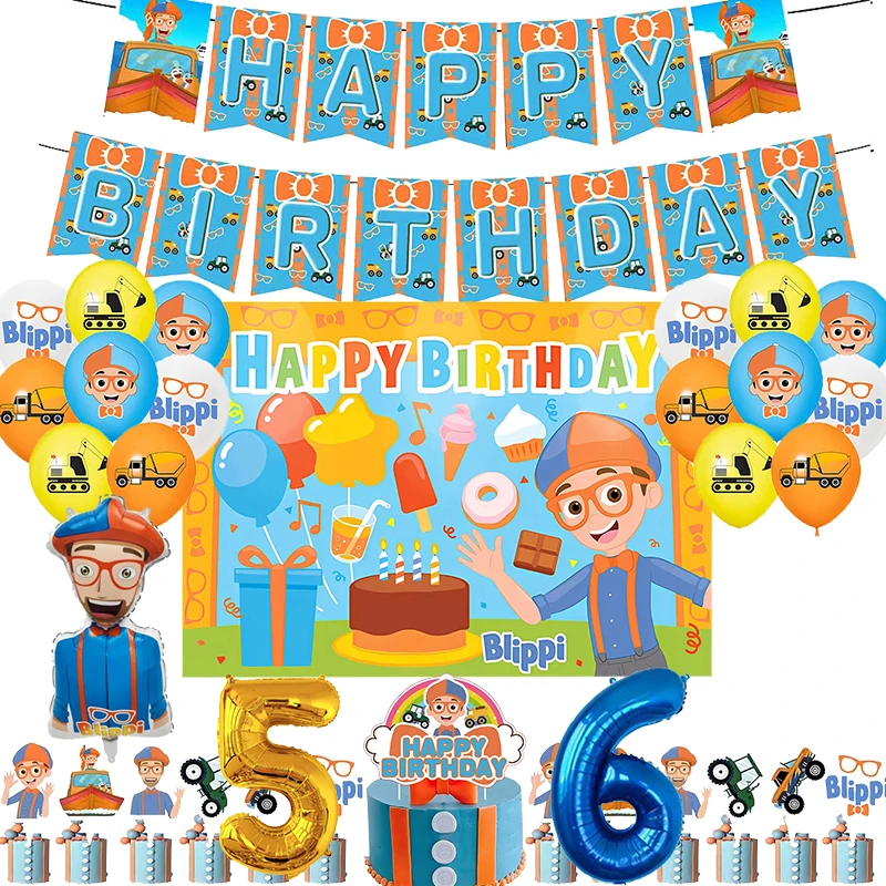 새로운 Blippiing 생일 파티 장식 호일 풍선 배경 배너 케이크 토퍼 아기 생일 파티 용품