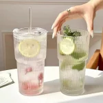 600ML 줄무늬 유리 커피 컵, 빨대와 뚜껑이 있는 유리, 물 커피 차용, 투명 음료 용기 - 이미지 6