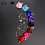 YO CHO 신랑 Boutonniere 코사지 핀 웨딩 실크 꽃 Groomsman Boutonnieres Buttonhole 웨딩 꽃 결혼 액세서리 - 이미지 3