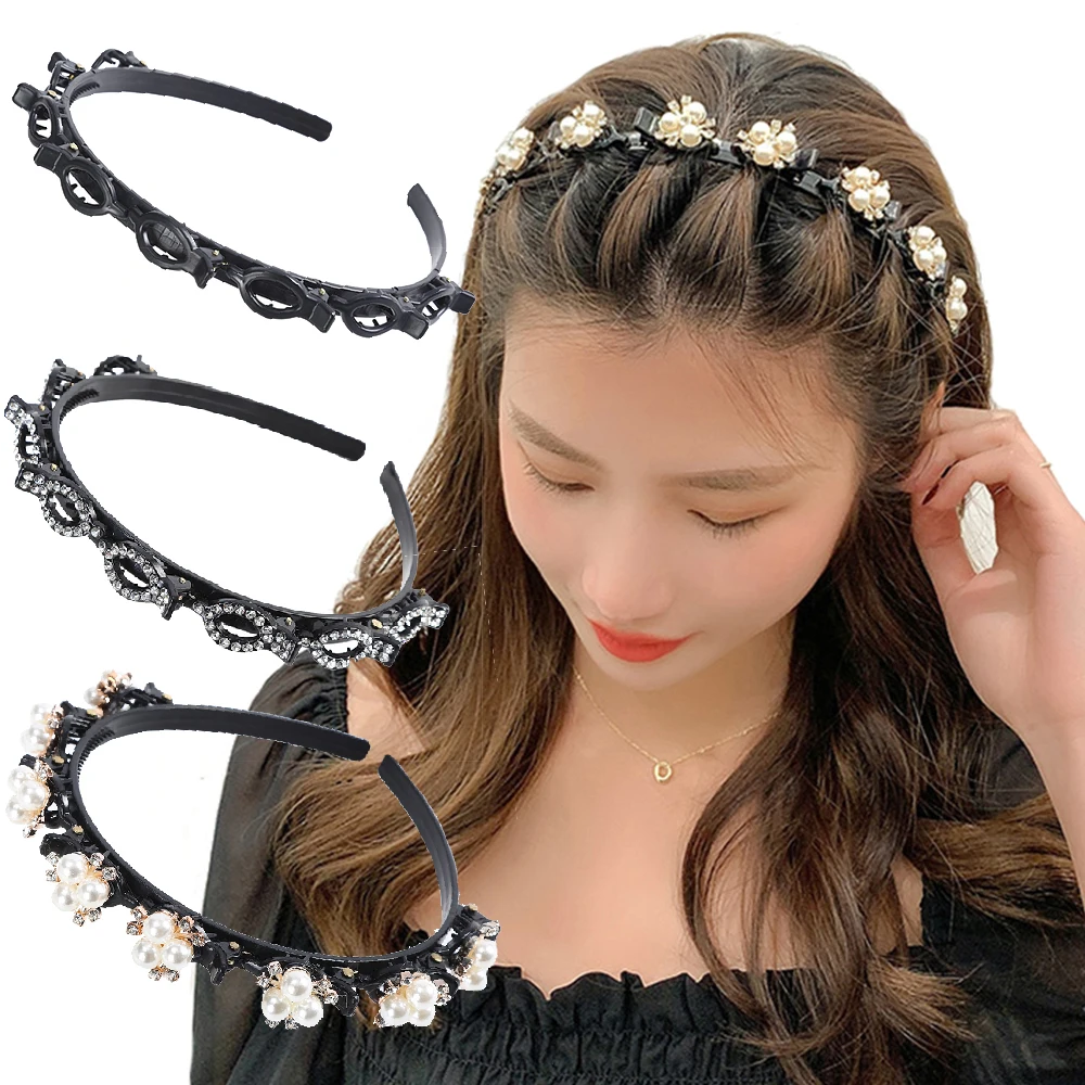 더블 레이어 밴드 클립 Hairbands 패션 플라스틱 땋은 머리띠 펑크 새로운 뜨개질 여자 모자를 쓰고 있죠 헤어 액세서리 진주