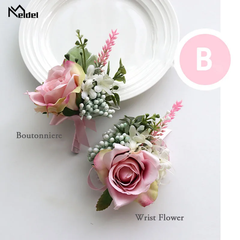 Meldel Corsage 웨딩 플라워 신랑 Boutonniere 신부 손목 코사지 팔찌, 핑크 장미 꽃 웨딩 플래너, 결혼 용품