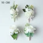 YO CHO 신부 실크 장미 화이트 손목 커프 팔찌, 신부 들러리 신랑 꽃 Boutonnieres 무도회 결혼 웨딩 용품