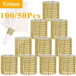 100/50pcs 라인 석 냅킨 링 블링 장식 결혼식 저녁 우아한 골드 은색 냅킨 링 홀더 파티 용품