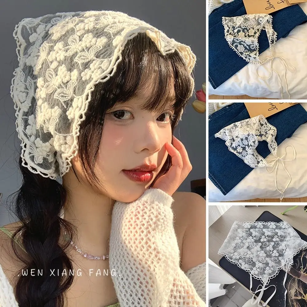 보헤미아 반다나 꽃무늬 프린트 헤어 스카프, 레이스 자외선 차단 헤드 스카프, 삼각형 스카프, 소녀 헤어 액세서리