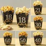 6pcs 블랙 골드 팝콘 상자 컵 18 21 30 40 50 60 생일 파티 장식 블랙 골드 파티 웨딩 베이비 샤워 파티 용품