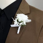 흰색 실크 장미 아기 호흡 Boutonniere 웨딩 액세서리 손목 코사지 팔찌 신부 들러리 인공 꽃 단추 구멍 - 이미지 5