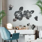 나비 3D 로즈 미러 벽 스티커 자체 접착 아크릴 거울 사랑스러운 꽃 데칼 DIY 장식 이동식 장식 벽화 - 이미지 2