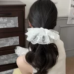 한국 감성 더블 레이어 자수 스커트 레이스 대장 스크런치 헤어플라워, 발레 스타일 포니테일 헤어밴드 1개 - 이미지 3
