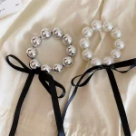 1PC 패션 포니 테일 헤어 로프 블랙 리본 진주 헤어 밴드 고탄성 헤어 타이 가죽 밴드 내구성 머리 머리를 다치게하지 마십시오