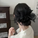 한국 감성 더블 레이어 자수 스커트 레이스 대장 스크런치 헤어플라워, 발레 스타일 포니테일 헤어밴드 1개 - 이미지 4