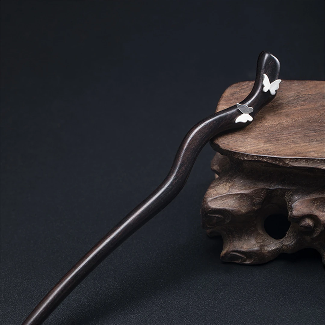 새로운 100% S925 순수 실버 여성 남성 레트로 머리핀 흑단 나무 문학 나비 중국 스타일 Hanfu 헤어 액세서리 쥬얼리