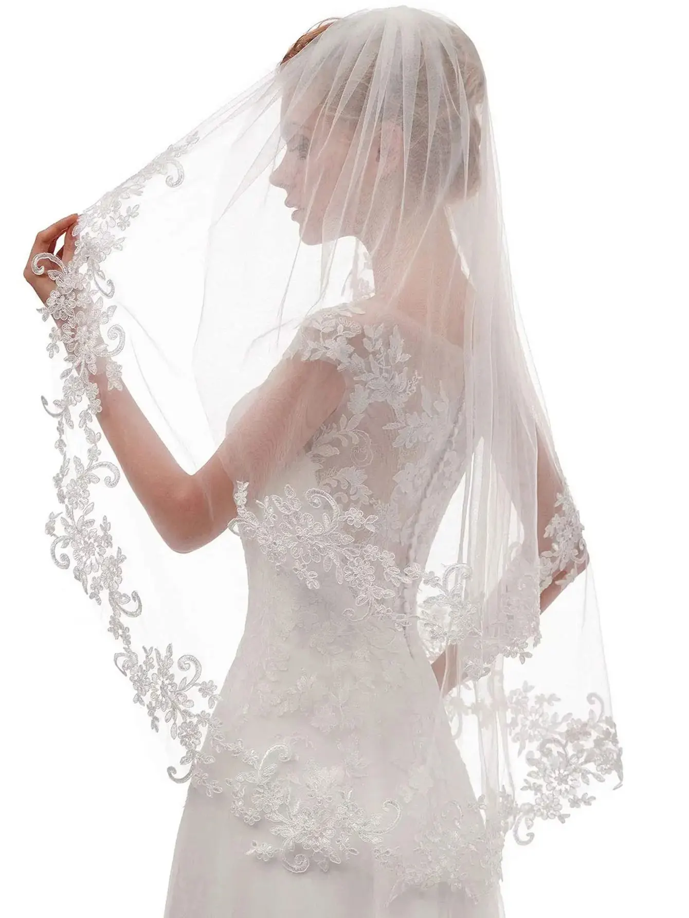 여성용 짧은 2단 60/80 cm 레이스 웨딩 신부 베일 빗 포함 2겹 신부 베일