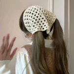 베이지색 면 소재 속이 빈 삼각형 헤어밴드 타월 (여성용 여름 여행 헤어 스카프/반다나 프랑스 스타일 속이 빈 격자무늬 헤어밴드) - 이미지 5