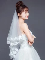 흰색 두 레이어 신부 웨딩 베일 레이스 가장자리 섹시한 짧은 허리 길이 웨딩 베일 신부를위한 빗 드레스 베일 - 이미지 2