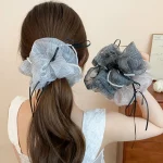 패브릭 메쉬 보우 반짝이 Scrunchies 여성용 라이트 럭셔리 모조 진주 보우 헤어 밴드 기질 리본 헤드 로프 액세서리