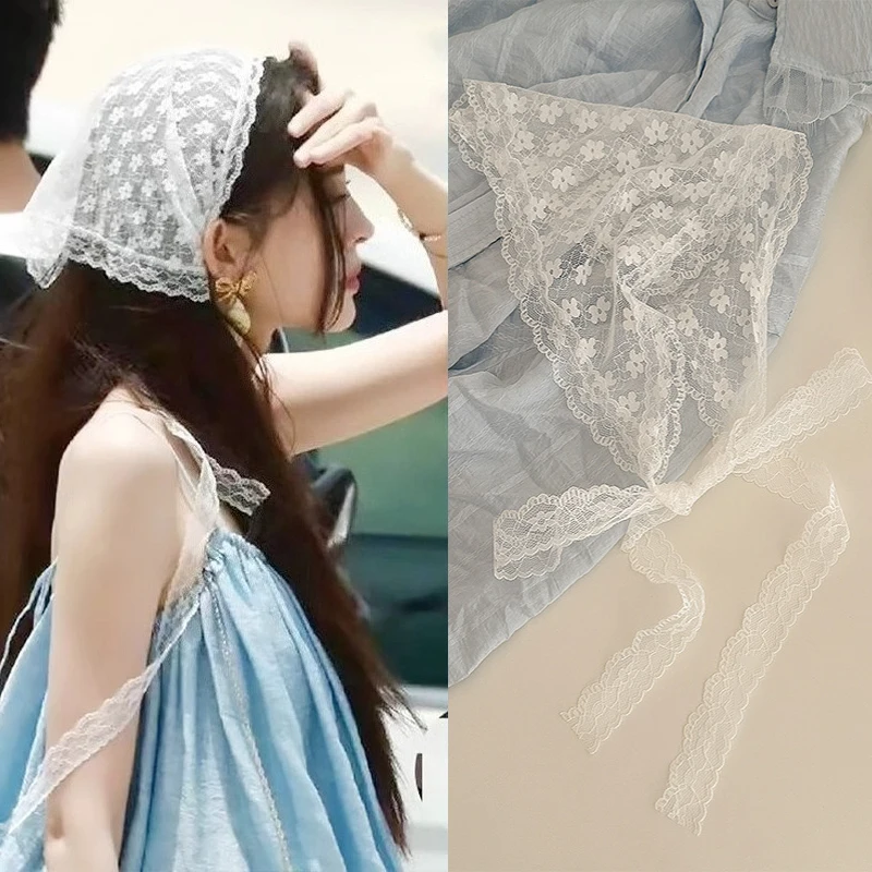 여성 프랑스어 컨트리 스타일 레이스 메쉬 삼각형 스카프 봄 여름 꽃 머리 스카프 우아한 Headwrap 보헤미안 헤어 액세서리