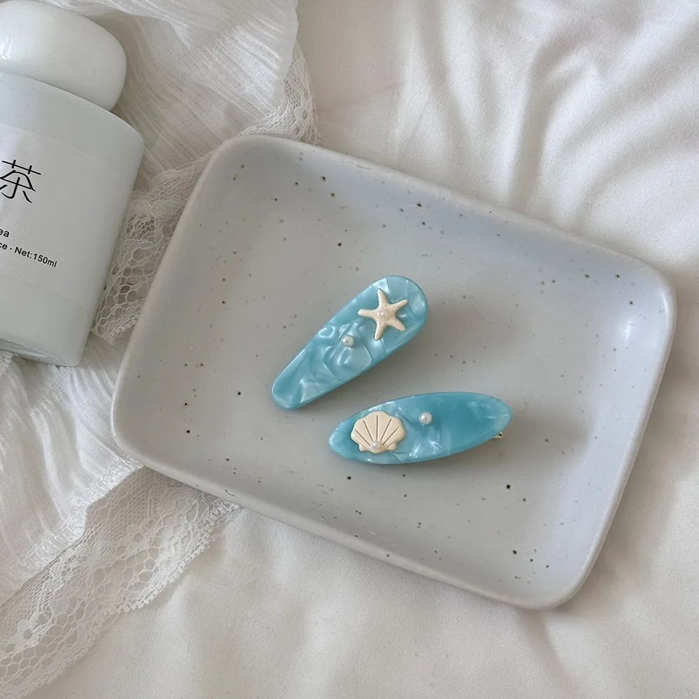 새로운 블루 아세트산 오리 부리 진주 쉘 사이드 클립 불가사리 도파민 바다 귀여운 헤어 액세서리 깨진 머리핀