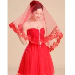 여성을 위한 클래식 레드 신부 결혼식 간단한 긴 레이스 베일 헤드피스 - 이미지 4