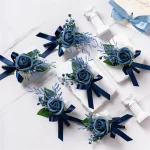 더스티 블루 로즈 Boutonniere 6 개 Groomsmen Groom Boutonnieres 웨딩 베스트 맨 코사지 가을 빈티지 소박한 결혼 꽃 - 이미지 2