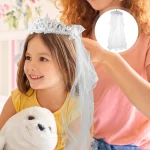 작은 공주 꽃 베일 크라운 두 레이어 웨딩 친교 머리 화환 머리 장식 레이스 베일 꽃 머리 화환 베일 - 이미지 5