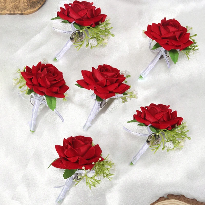 남성용 장미 코르사주 꽃 Boutonniere, 신랑 무도회 칵테일 파티, 인공 꽃, 결혼식 졸업 이벤트 꽃, 6PCs/세트