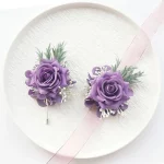 2Pcs 세트 보라색 로즈 샴페인 웨딩 손목 코사지 및 Boutonniere 신부 들러리 남자 신랑 Wedg 꽃 액세서리 세트