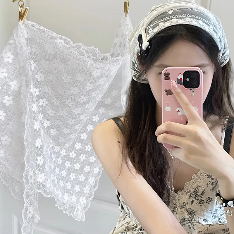 레트로 달콤한 꽃 삼각형 머리 스카프 여름 여성 소녀 스퀘어 스카프 머리띠 한국어 프랑스어 목가적 인 머리 장식 레이스 머리 장식