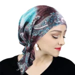 여성 새틴 Pre-tied Turban 새로 페이즐리 패턴 이슬람 머리띠 소프트 Flexib 헤어 스카프 Chemo Cap Leadies Head Wrap Bandana