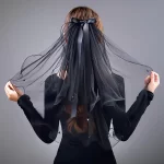 웨딩 신부 머리 베일 블랙 빈티지 더블 레이어 거즈 메쉬 레이스 베일 여자 여자 파티 모자를 쓰고 있죠 액세서리 사진 소품 - 이미지 2