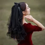 웨딩 신부 머리 베일 블랙 빈티지 더블 레이어 거즈 메쉬 레이스 베일 여자 여자 파티 모자를 쓰고 있죠 액세서리 사진 소품 - 이미지 5