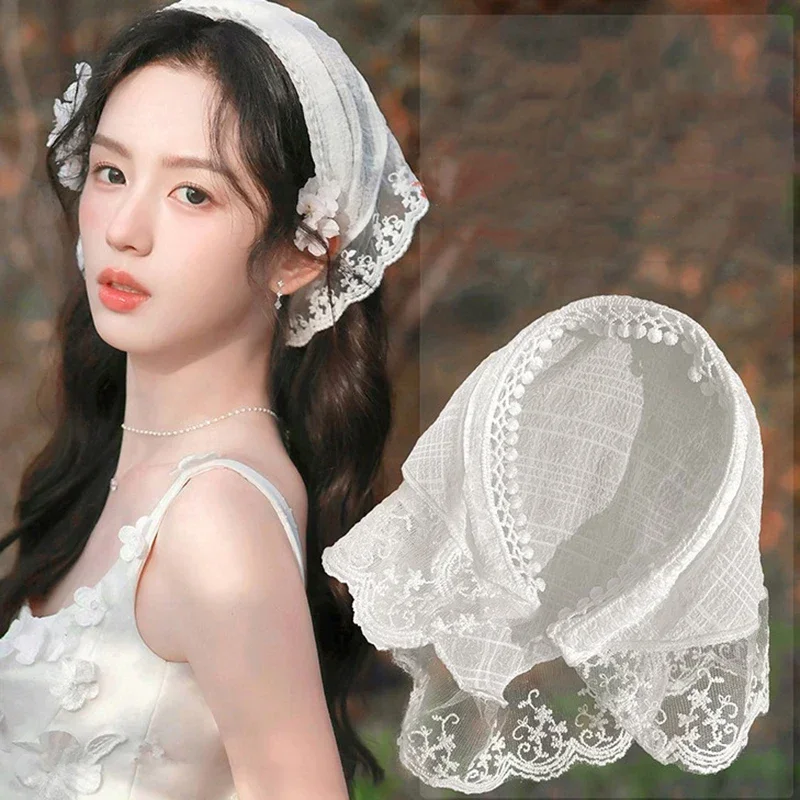 꽃 프린트 헤어 스카프, 보헤미아 반다나, 레이스 자외선 차단 헤드 스카프, 삼각형 스카프, 소녀 헤어 액세서리
