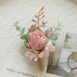 웨딩 인공 꽃 실크 로즈 Boutonniere Ribbion 손목 코사지 Botonier Para Novio Boda - 이미지 4