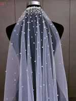 TOPQUEEN 우아한 진주 신부 베일 소프트 1 계층 신부를위한 페르시 웨딩 베일 빗 v180와 간단한 대성당 길이 베일 - 이미지 3