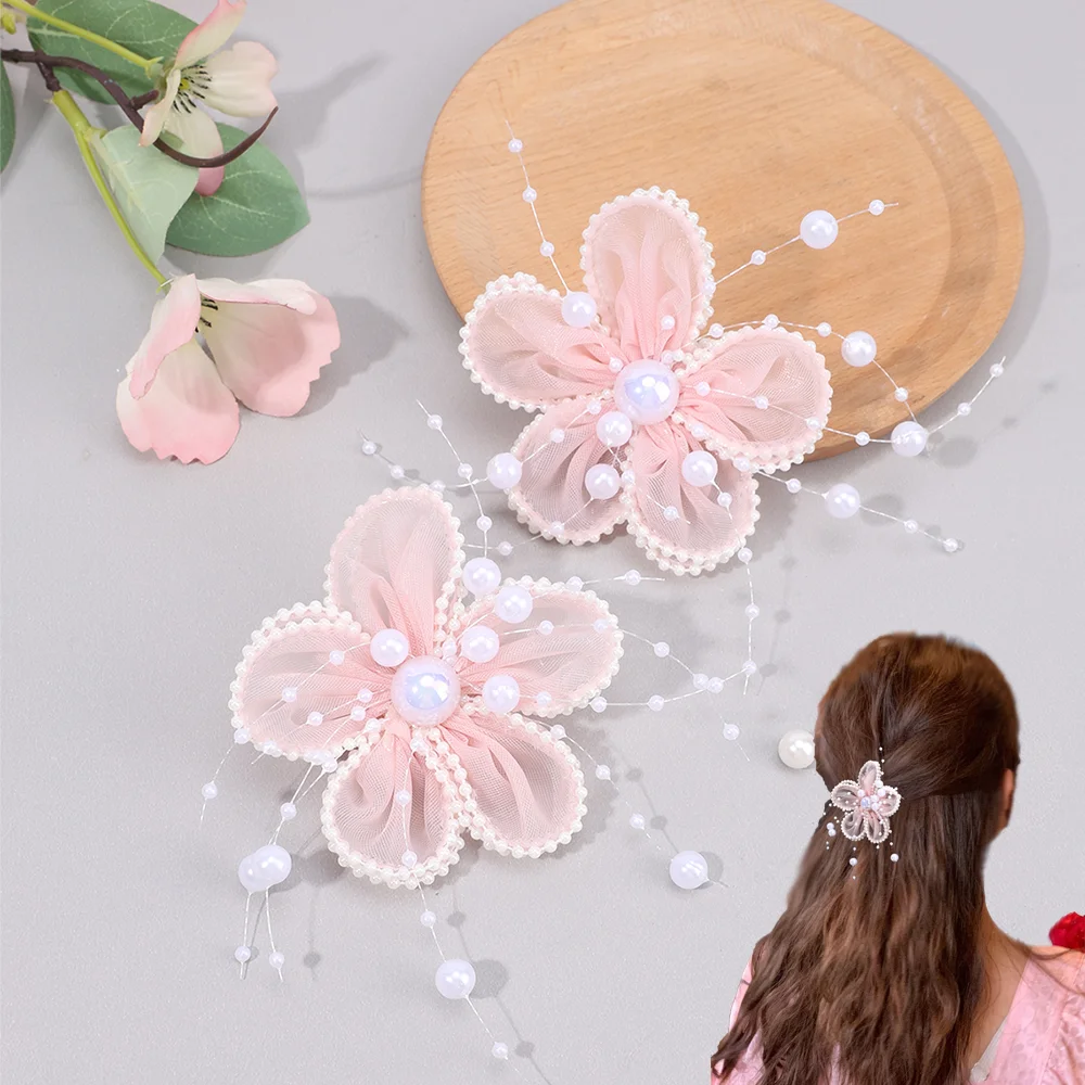 2Pcs 쉬폰 꽃 진주 헤어 클립 우아한 꽃 머리핀 달콤한 요정 자용 여자 여자 한국어 스타일 머리 장식 액세서리