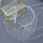 JM20 화이트 펄 웨딩 새장 베일, 머리띠 얼굴 그물 마스크 베일, 매력적인 매혹적인 블러셔 베일, 얇은 명주 그물 케이지 베일 - 이미지 2