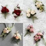 신랑 Boutonniere 남자 핀 수트, 신부 단추 구멍, 웨딩 손목 꽃, 파티 결혼 장식, 인공 실크 장미 꽃 - 이미지 3