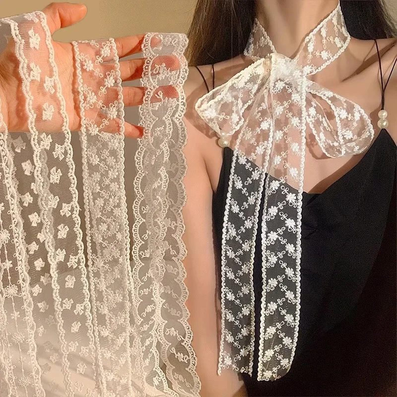 빈티지 화이트 레이스 헤어 스카프 여름 달콤한 활 머리띠 여성을위한 우아한 리본 스카프 Hairbands 130cm 긴 좁은 Neckscarf