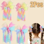 2Pcs 리본 술 헤어 클립 인기있는 달콤한 무지개 곱슬 리본 더블 포니 테일 머리핀 아기 소녀 헤어 액세서리 어린이위한