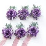 2Pcs 세트 보라색 로즈 샴페인 웨딩 손목 코사지 및 Boutonniere 신부 들러리 남자 신랑 Wedg 꽃 액세서리 세트 - 이미지 6