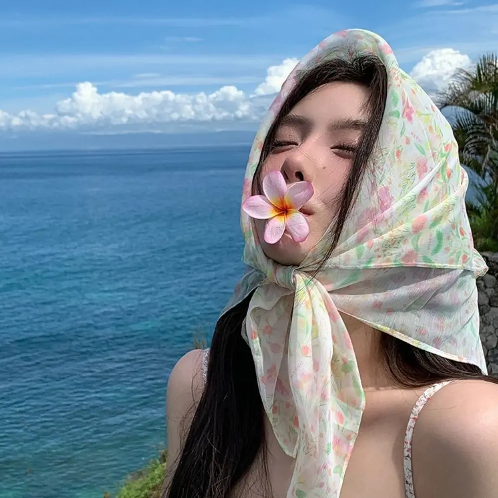 유행 프랑스 꽃 여성 Headscarf 선 스크린 쉬폰 스퀘어 스카프 여행 사진 액세서리 부드러운 머리 스카프 봄 여름