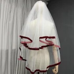 맞춤형 부르고뉴 리본 가장자리 화이트/아이보리 Tulle 짧은 웨딩 베일 블러셔 2단 짧은 신부 베일 빗 포함 - 이미지 4