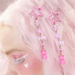 2Pcs Y2k 스타 헤어 클립 달콤한 미니 꽃 사탕 플라스틱 곰 크리스탈 펜던트 머리핀 모자를 쓰고 있죠 소녀 금속 자용 액세서리 - 이미지 2