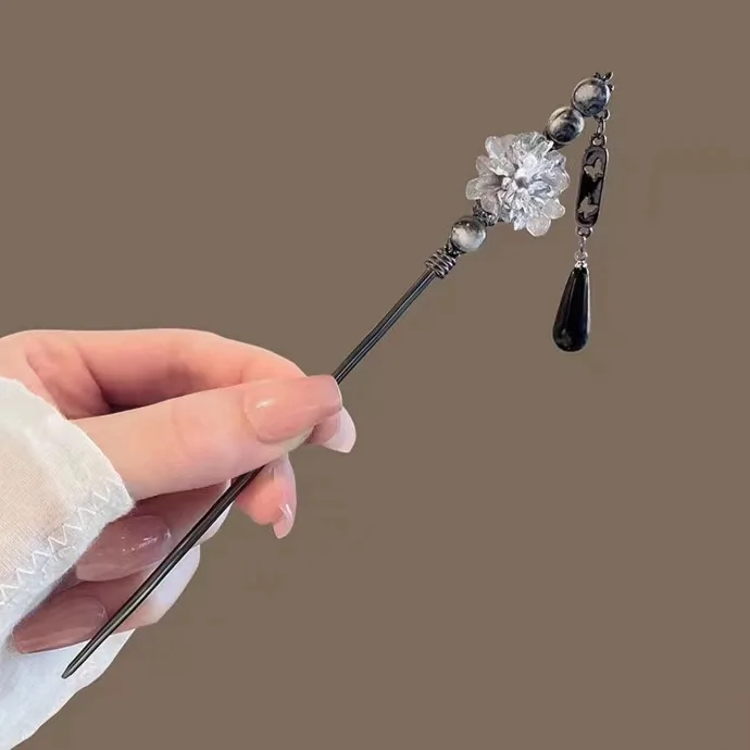 새로운 중국어 고대 스타일 잉크 워시 동백 술 머리핀 여자 꽃 코일 머리 단계 흔들리는 다목적 Hanfu 액세서리