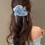 여성용 Scrunchies Kawaii 헤어 액세서리 소녀 파란색 나비 진주 대장 Scrunchie 헤드 로프 헤어 트레이 스위트 스타일 - 이미지 2