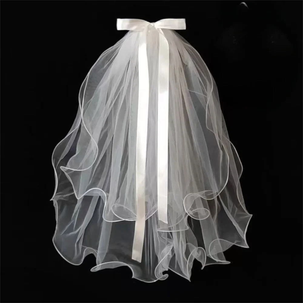 새로운 두 레이어 신부 베일 레이스 가장자리 흰색 웨딩 베일 짧은 간단한 여성 Tulle 웨딩 액세서리 사진 베일